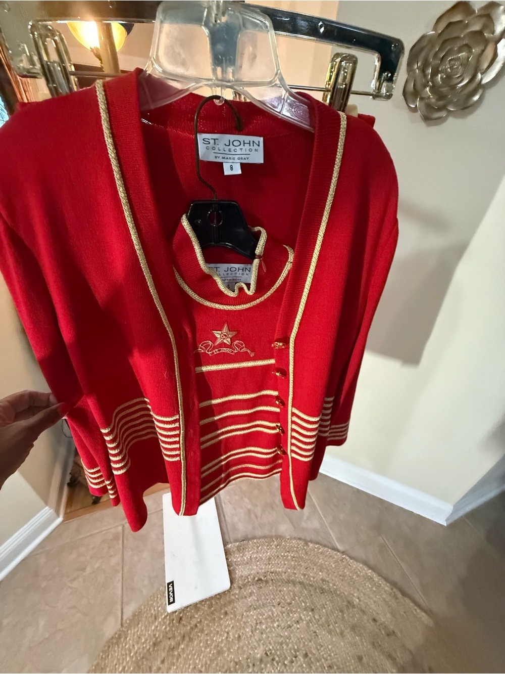 St. John Red Cardigan and Shell Set with skirt Gold Trimmed